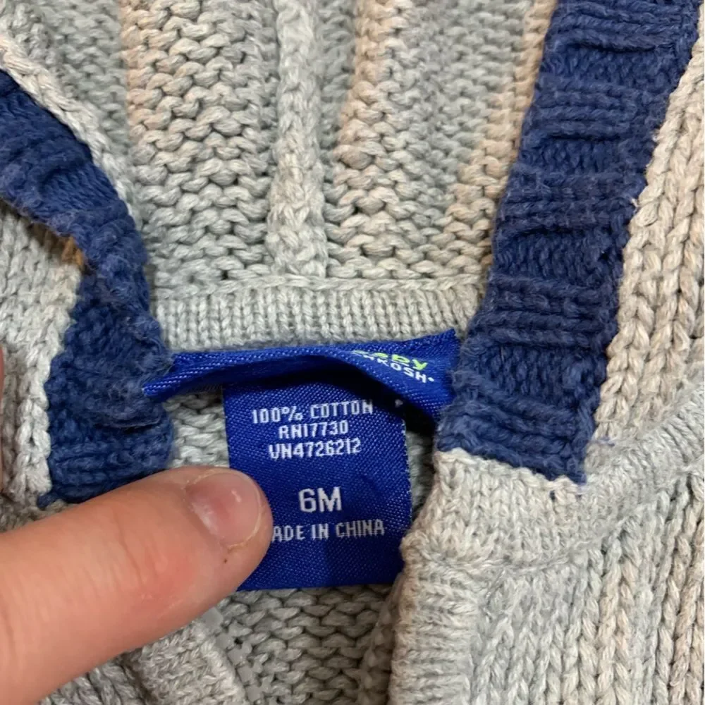 GENUINE Baby OshKosh Boys Grey Blue Full Zip Hooded Knit Cardigan Sweater 6M